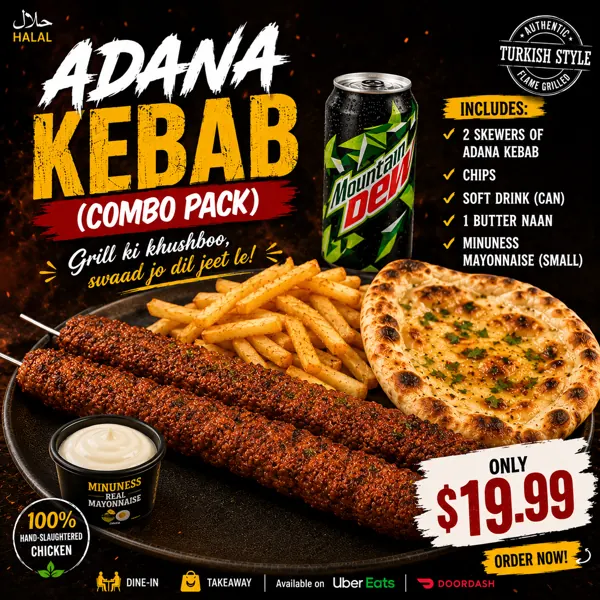 Adana Kebab combo pack: 2 skewers, chips, soft drink, butter naan and mayonnaise for $19.99